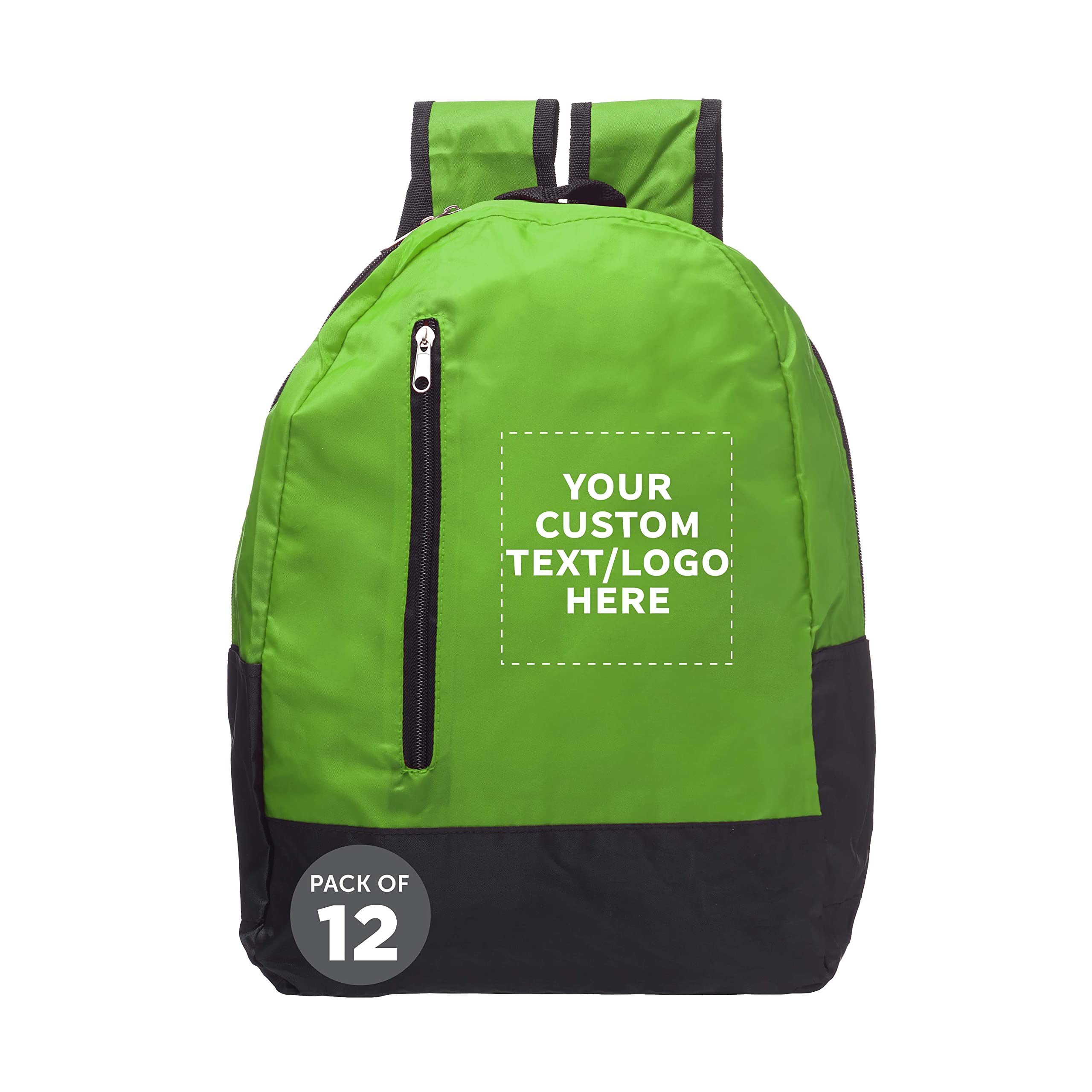DISCOUNT PROMOS 12 Quick Zip Backpacks Set - Customizable Text, Logo - Polyester, Unique features, Front Pocket, Vibrant - Green