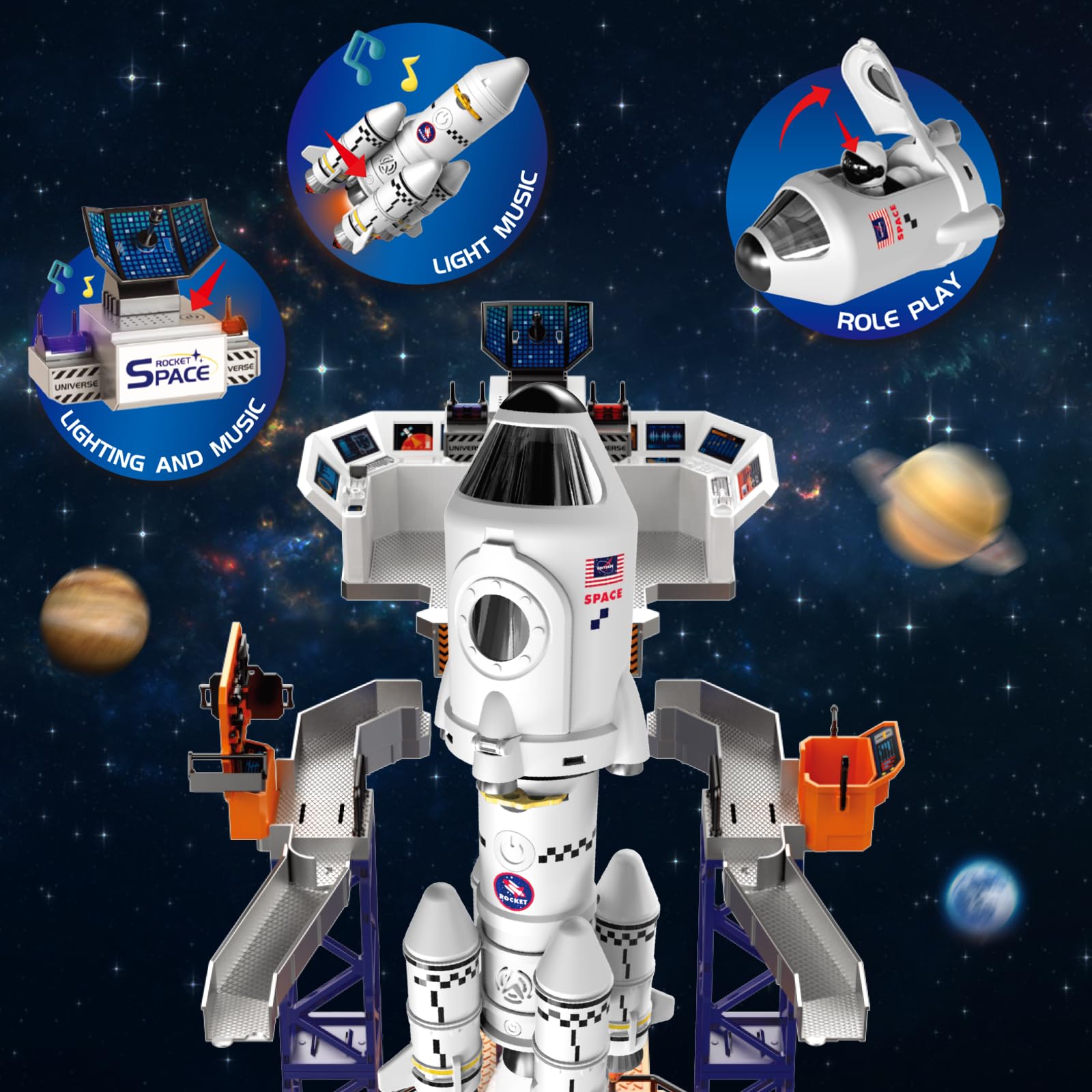 deAO Space Shuttle Rakete Spielzeug mit Licht & Sound, Rauchfunktionen, 5 In1 STEM Wissenschaft Lernspielzeug Projektionslampe Weltraumspielzeug, mit 4 Astronauten, Geschenk (Sky-1)