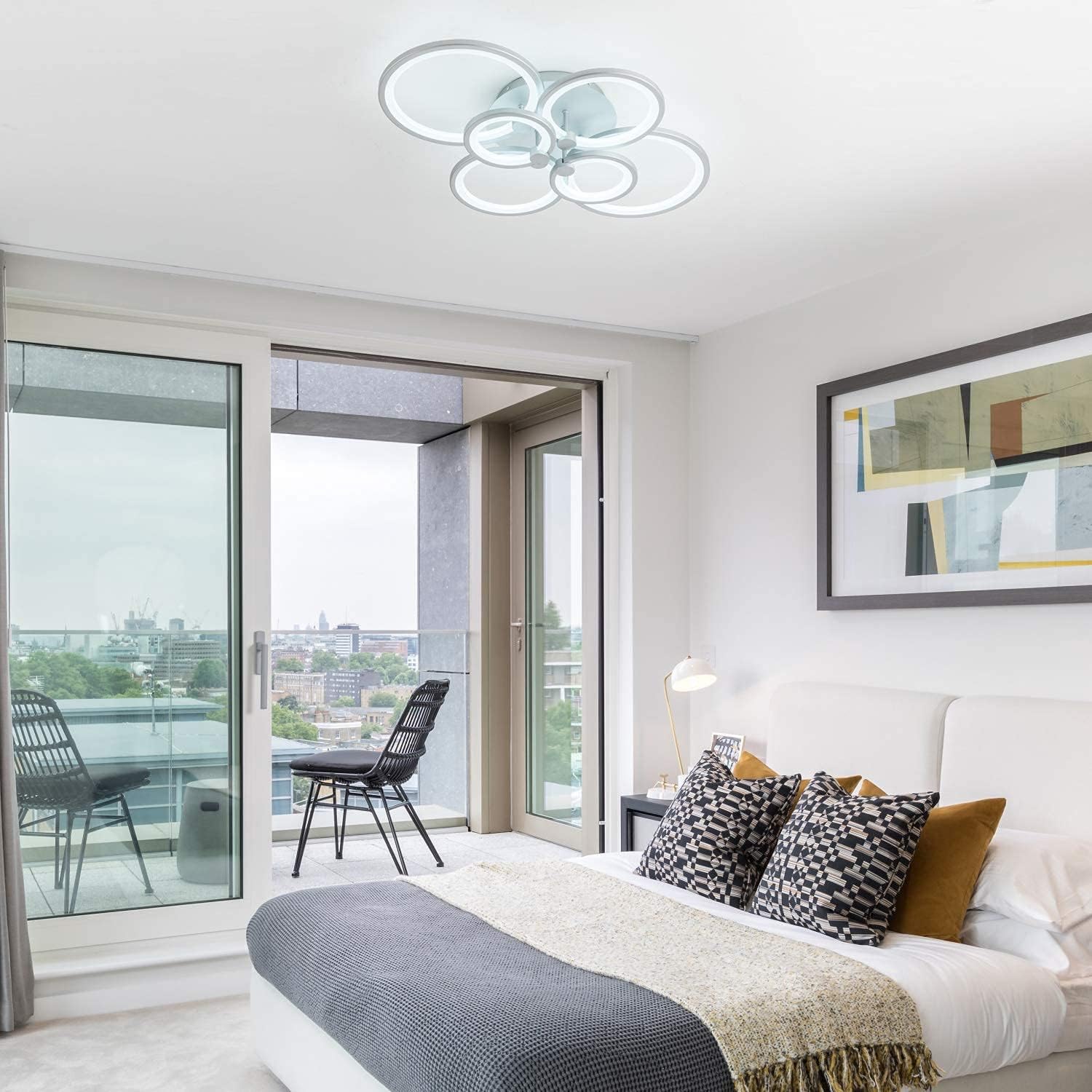 Amazon Crazy 🔥 Deals Royal Pearl Modern Ceiling Light LED 6 Rings Flush Mount Ceiling Lighting Fixture Dimmable Modern Chandelier Contemporary Ceiling Light for Dining Room Kitchen Living Room, Cool White Silver UL LISTED