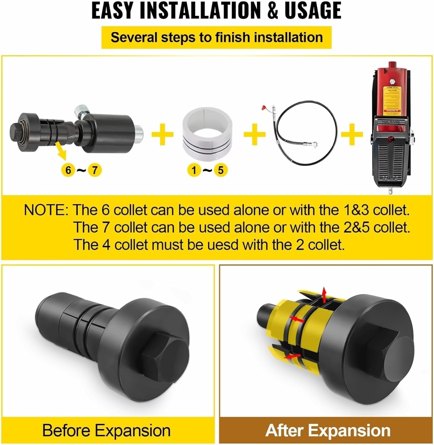 Hydraulic Exhaust Pipe Expander Kit 1-5/8" to 4-1/4", 10 Ton Pedal Pump & 7 Dies, Automotive Tube Stretching Tool for Car Repair - Aluminum & Steel