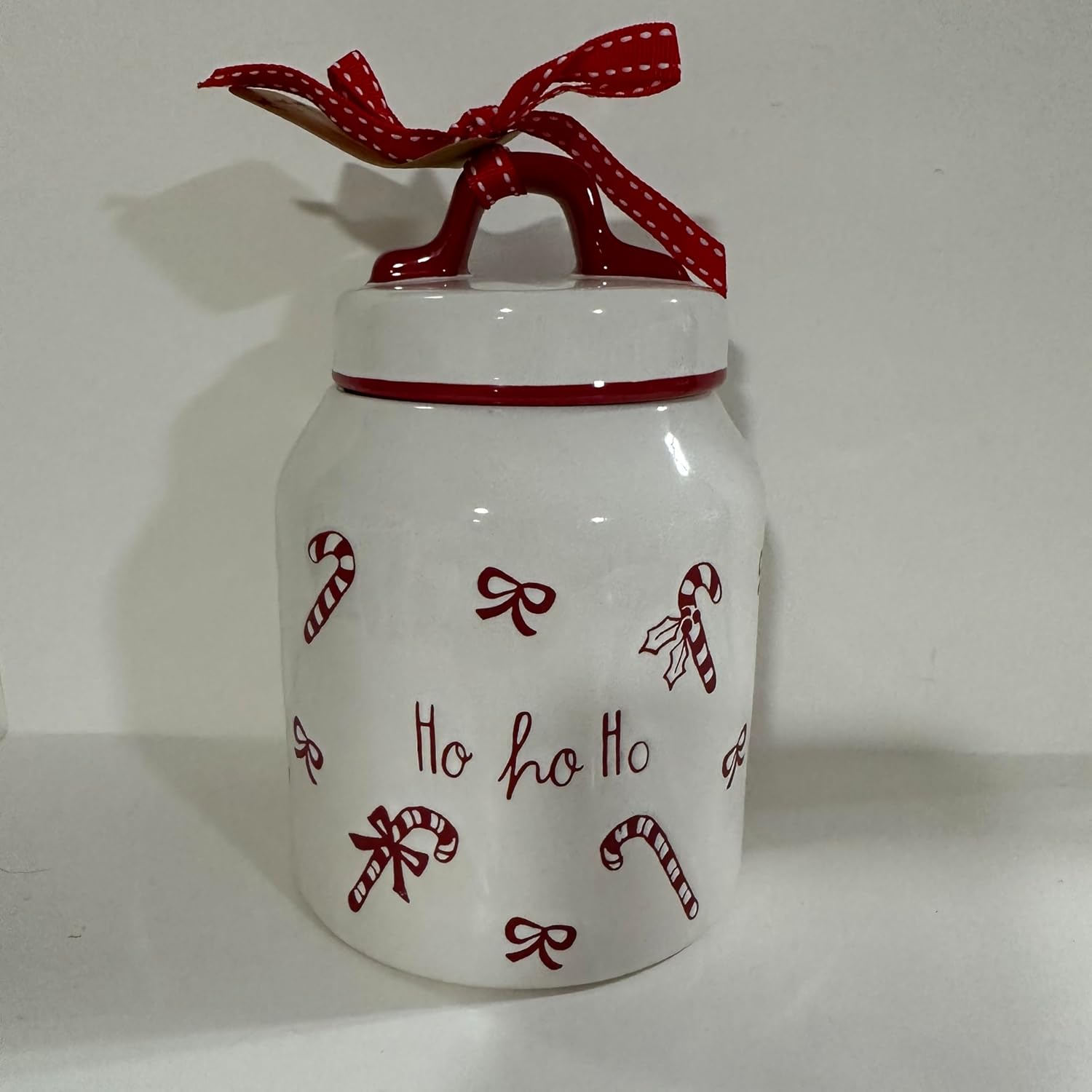 Rae – HO HO HO CHRISTMAS CANISTER – Red & White Ceramic Cookie Jar with Lid | Festive Farmhouse Holiday Kitchenware | Candy, Cookie, or Cocoa Storage | WINTER & CHRISTMAS COLLECTION - Dunn By Magenta