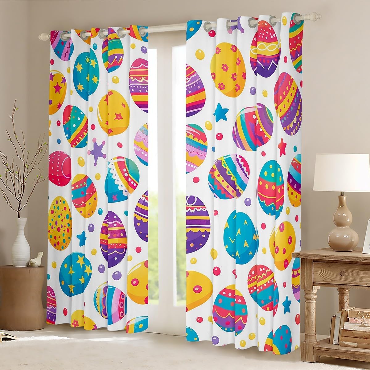 Erosebridal Easter Egg Curtains & Drapes, Happy Easter Theme Curtain 42" Wx63 L 2 Panels Watercolor Polka Dot Blackout Curtains for Kids Girls Boys Teens Women, Rainbow Cartoon Window Treatments