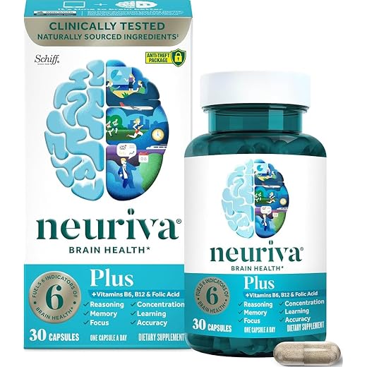 NEURIVA Plus Brain Supplements for Memory and Focus, Clinically Tested Nootropics Neurofactor and Phosphatidylserine, with Vitamin B12, Vitamin B6 and Folic Acid, 30 Count Capsules