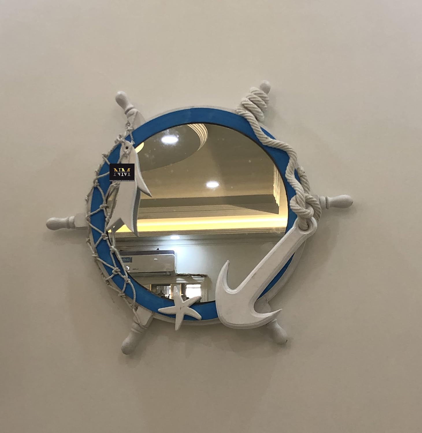 Wood Ship Wheel Mirror with Rope Knot Nautical beach Garden/Home Decorative Gifts White and Blue (24 Inches)
