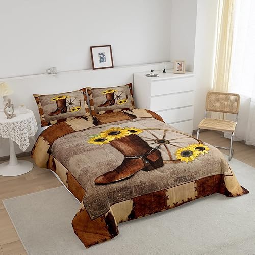 Miniatura 2 de Erosebridal Juego de edredón de vaquero, tamaño King, juego de ropa de cama retro con botas vaqueras, girasol, granja, piel de vaca, edredón de