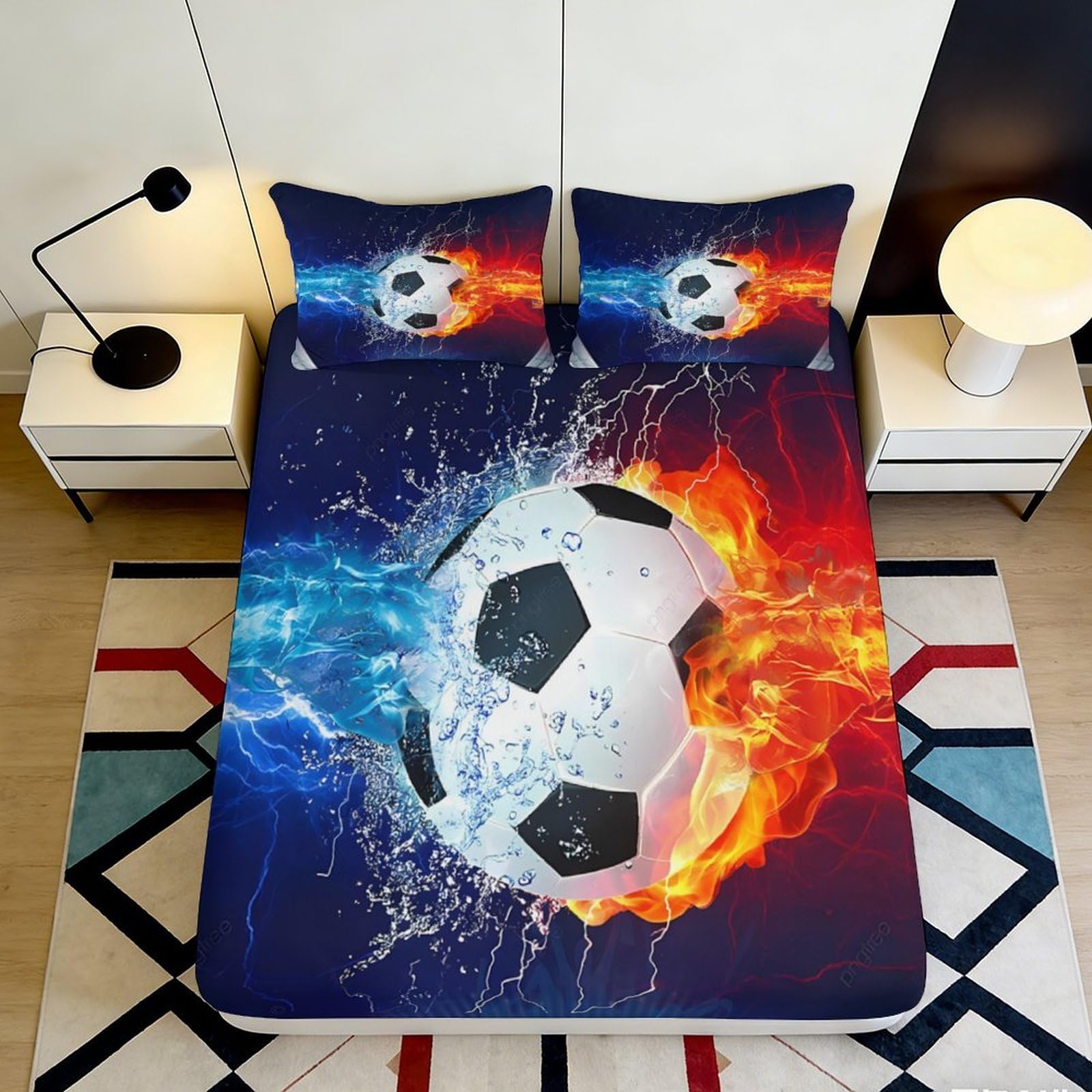 3D Printed Fire and Water Soccer Ball Fitted Sheet Microfiber Breathable 3D Printed Football Mattress Cover for Bedroom Dormitory Guest Room Decor 200x200x25cm