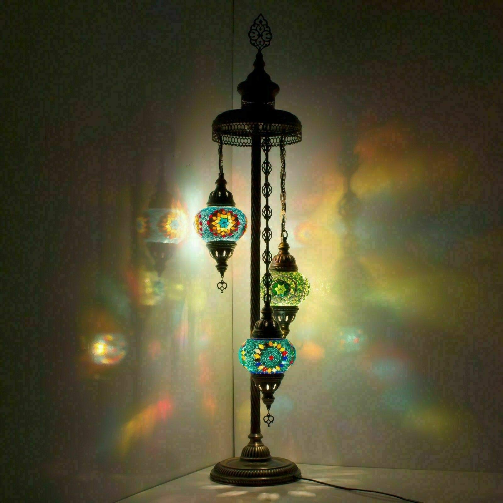 ENVA Turkish Moroccan Mosaic Floor Lamp Light, Handmade Glass Mosaic Multicolour Tiffany Floor Lamp Light 3 Medium Globe-with LED Bulb