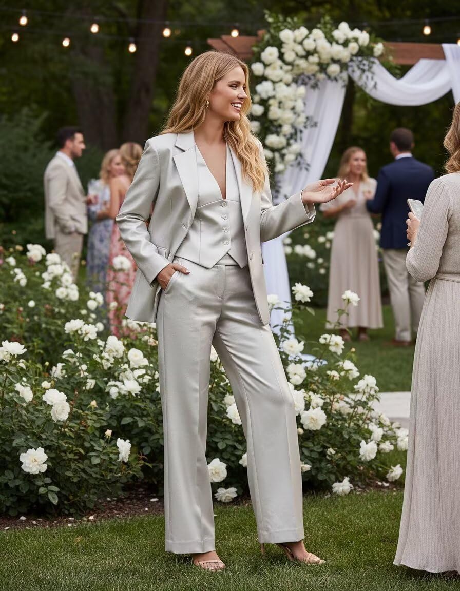 3 Piece Suits for Women Business Womens Suit Notch Lapel Satin Jacket Vest Pants Suit for Dressy Date
