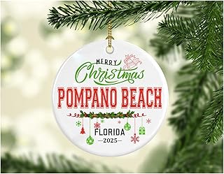 Merry Christmas Pompano Beach Florida Ornament 2025 – City Hometown Pride Holiday Decoration Travel Souvenir Tree Ornament Gift New Home Moving Away Family Friend Keepsake Rustic 3" White