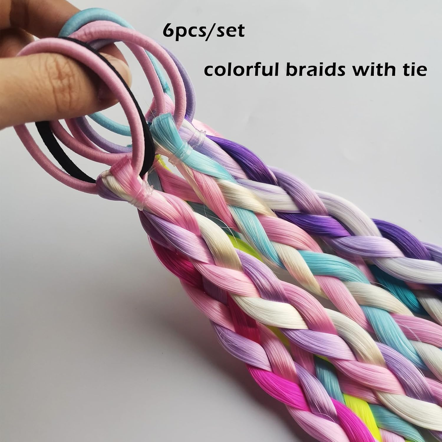 6-Pack Colorful Braided Hair Extensions – Elastic Tie-On Synthetic Braids – Fun and Easy Hairpieces – Cute Ponytail Accessories for Daily Wear, Parties & Gifts