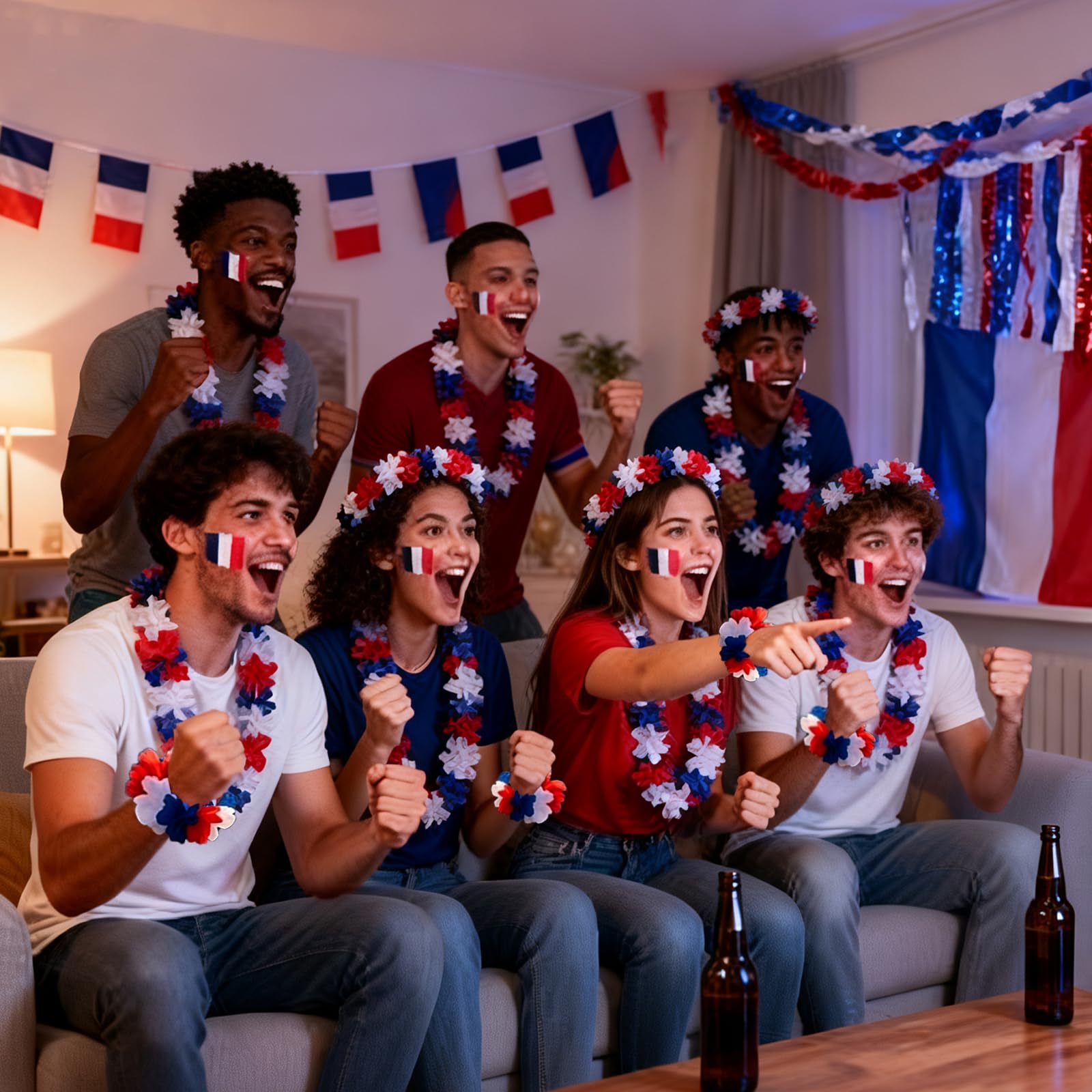 9 Pièces Supporter Equipe de France, 1 Collier Hawaï Supporter + 1 Sifflet Rouge + 4 Autocollants Visages + 2 Bracelets + 1 Cheveux pour Coupe du Monde l'Euro Football, Accessoire Supporters France