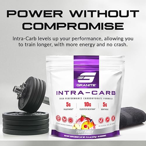 Vista 2 de Granite Intra Carb Powder, sabor a ponche de frutas, mezcla de carbohidratos de alto rendimiento con dextrina en racimo, palatinosa y dextrosa