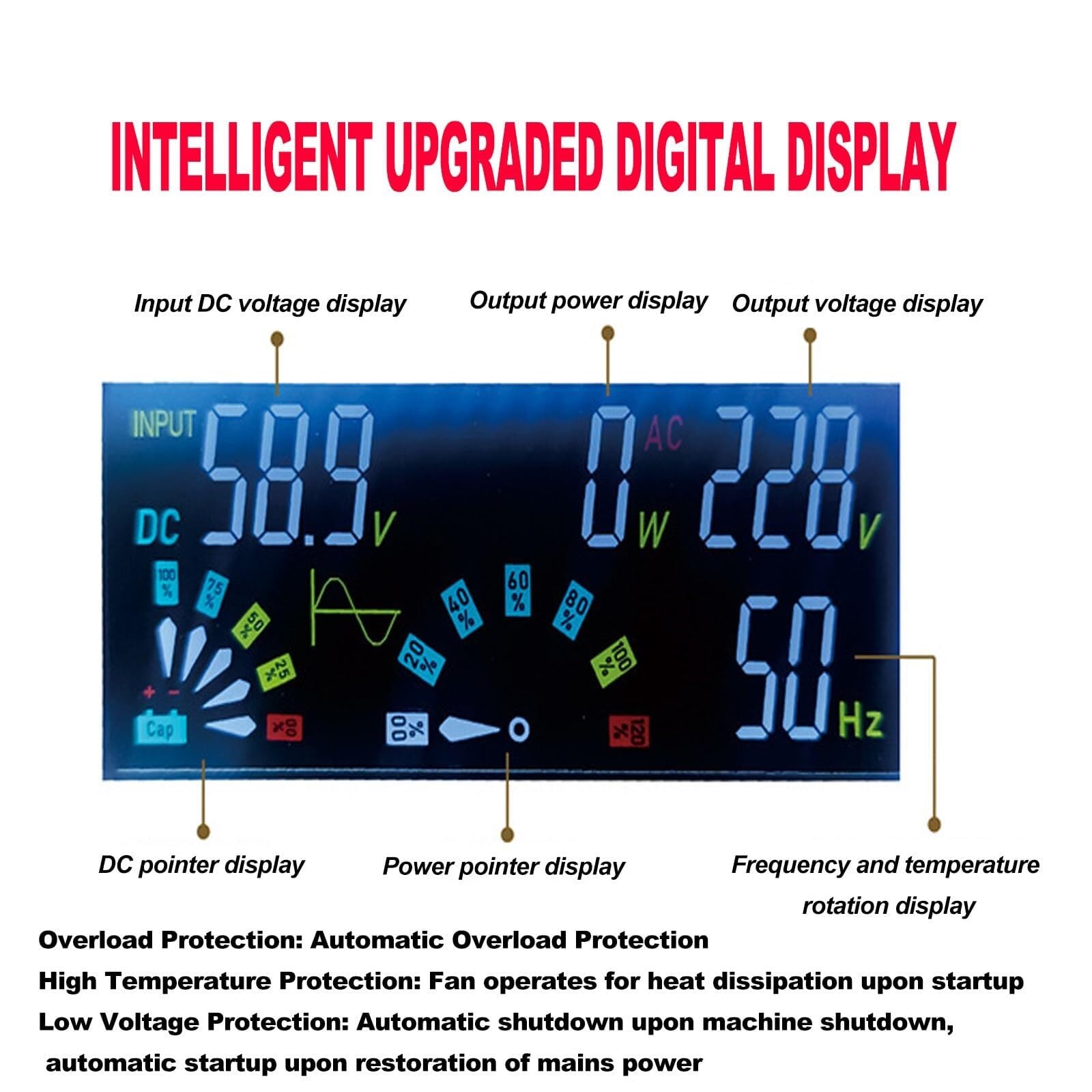 Inversor de potencia de onda sinusoidal pura, inversor solar híbrido | 12 V-72 V CC a CA de fase dividida, inversor de onda sinusoidal pura con capacidad paralela, pantalla digital LCD