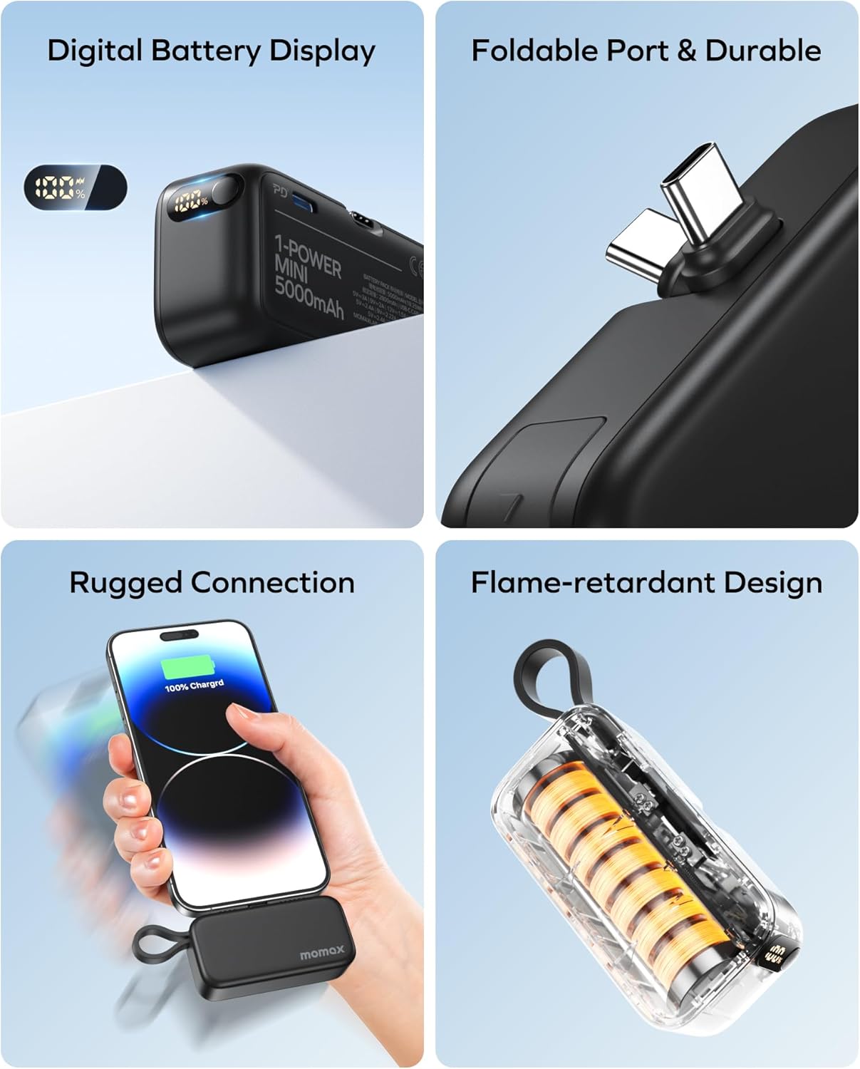 A collage of images showing the Momax Portable Charger's digital battery display, foldable USB-C port, rugged connection, and flame-retardant design