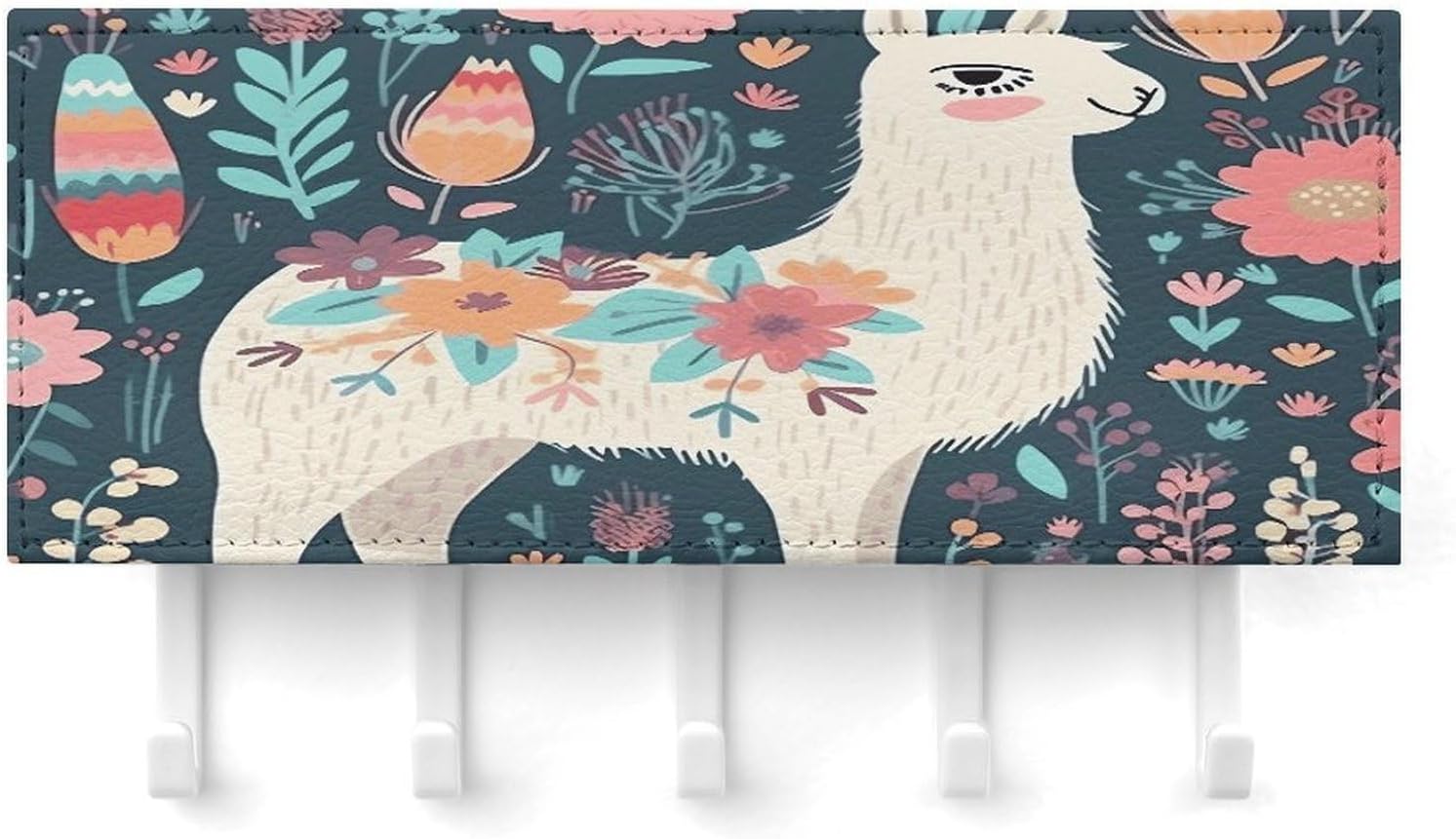 Key Holder Wall Mount Key Hanger with 5 Hooks, Decorative Key Rack | Cute Llama Floral Hanging Key Hooks with Mail Organizer for Wall Living Room Kitchen Bathroom Hallway