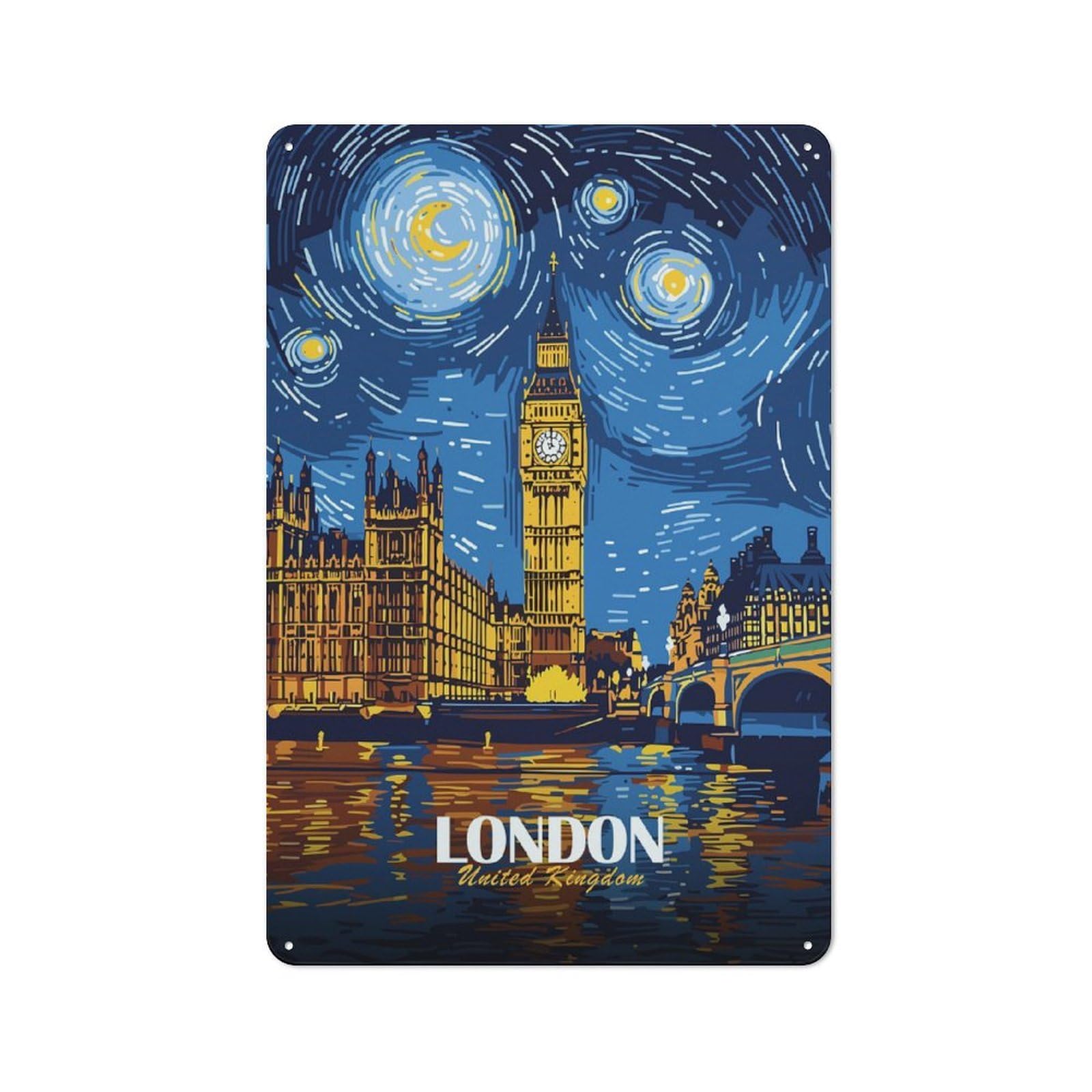 Junmoney Style-12 Vintage Metal Plaque 30X20cm Featuring London, United Kingdom Nightscape Art, Diner Style Decor For Restaurant, Kitchen, Counter Or Breakfast Nook