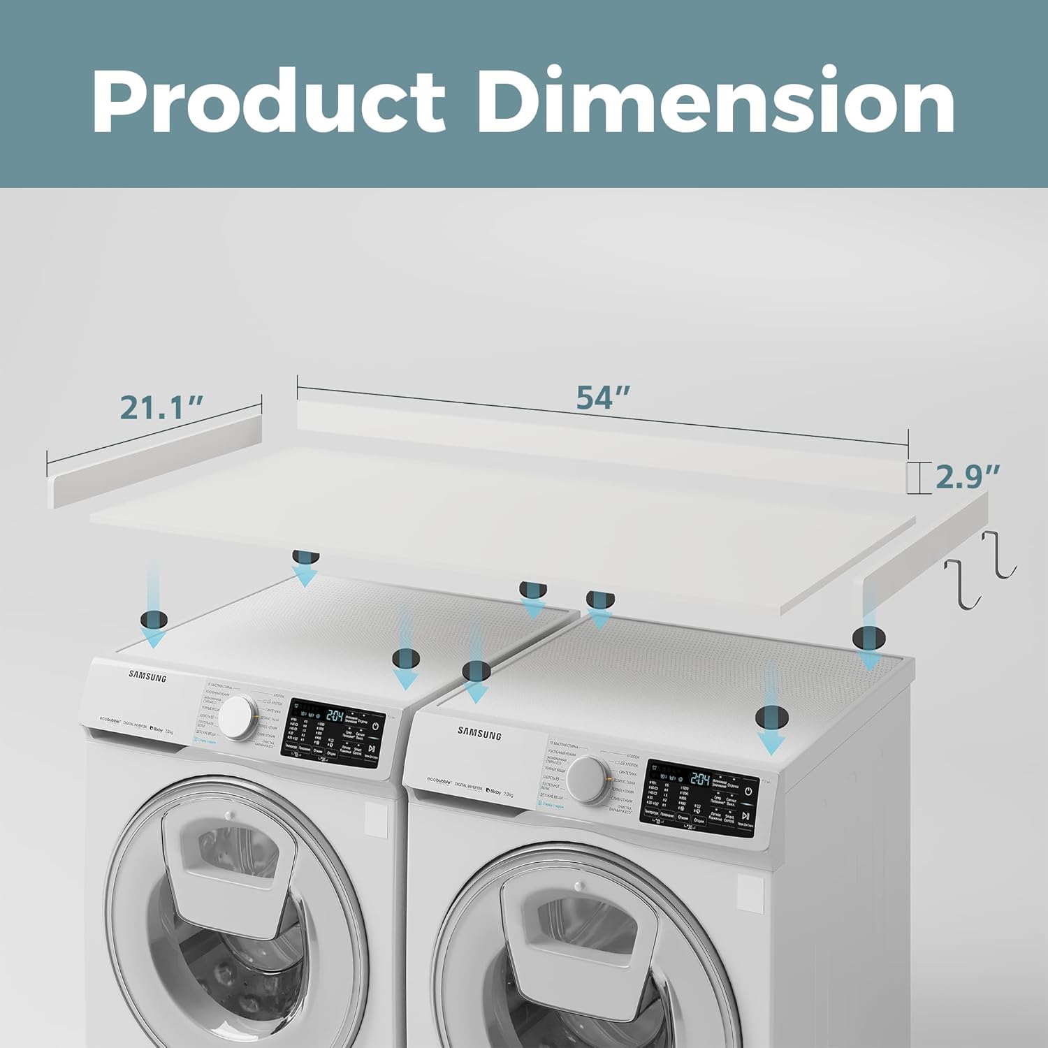 Washer Dryer Countertop, Wood Countertop with Edge Rails for Laundry Room Organization and Storage, Washer Dryer Topper for Laundry Room, 27.5" x 54" (White)