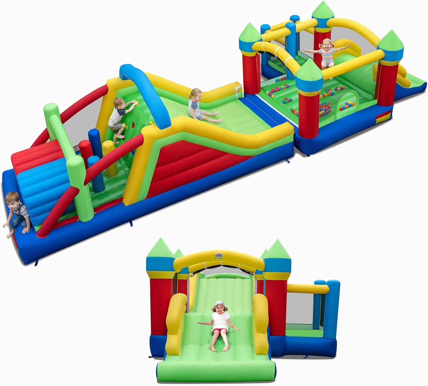 COSTWAY Inflatable Castle with 2 Slides and Jumping House, Inflatable Playground with Tunnels and Climbing Wall, 50 Ocean Balls, Obstacle Posts, Indoor Outdoor for 3-12 Years Old