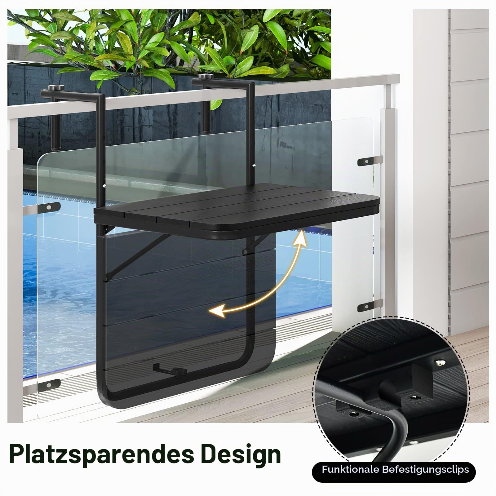 GIANTEX Balkontisch klappbar hängend, Hängetisch Klapptisch Balkon zum Einhängen, Balkonhängetisch in 3 Stufen höhenverstellbar, Gartentisch wetterfest, Hängetisch klein Outdoor-Tisch (Anthrazit)