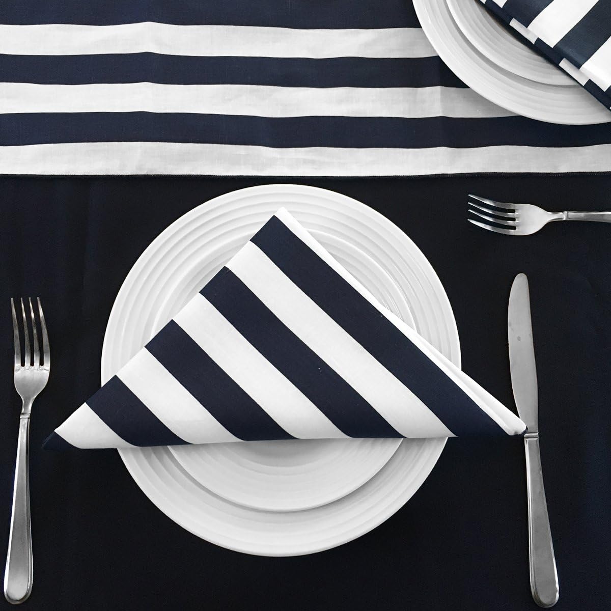 lovemyfabric Stripes and Solid Table Linen Set for Formal or Causal Dinning with 1 Solid Polyester Tablecloth, 8 Striped Poly Cotton Napkins and 1 Striped Poly Cotton Runner (Navy Blue)