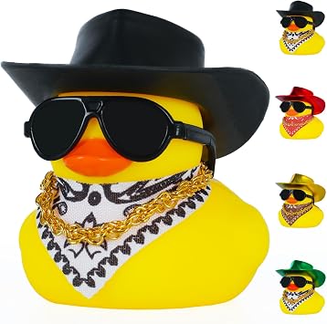 Rubber Duck with Cow-boy Hat,Squeaky Duck for Jeep Ducking Funny Car Accessories Car Dashboard Decoration with Golden Necklace, Paisley Bandanas and Sunglasses