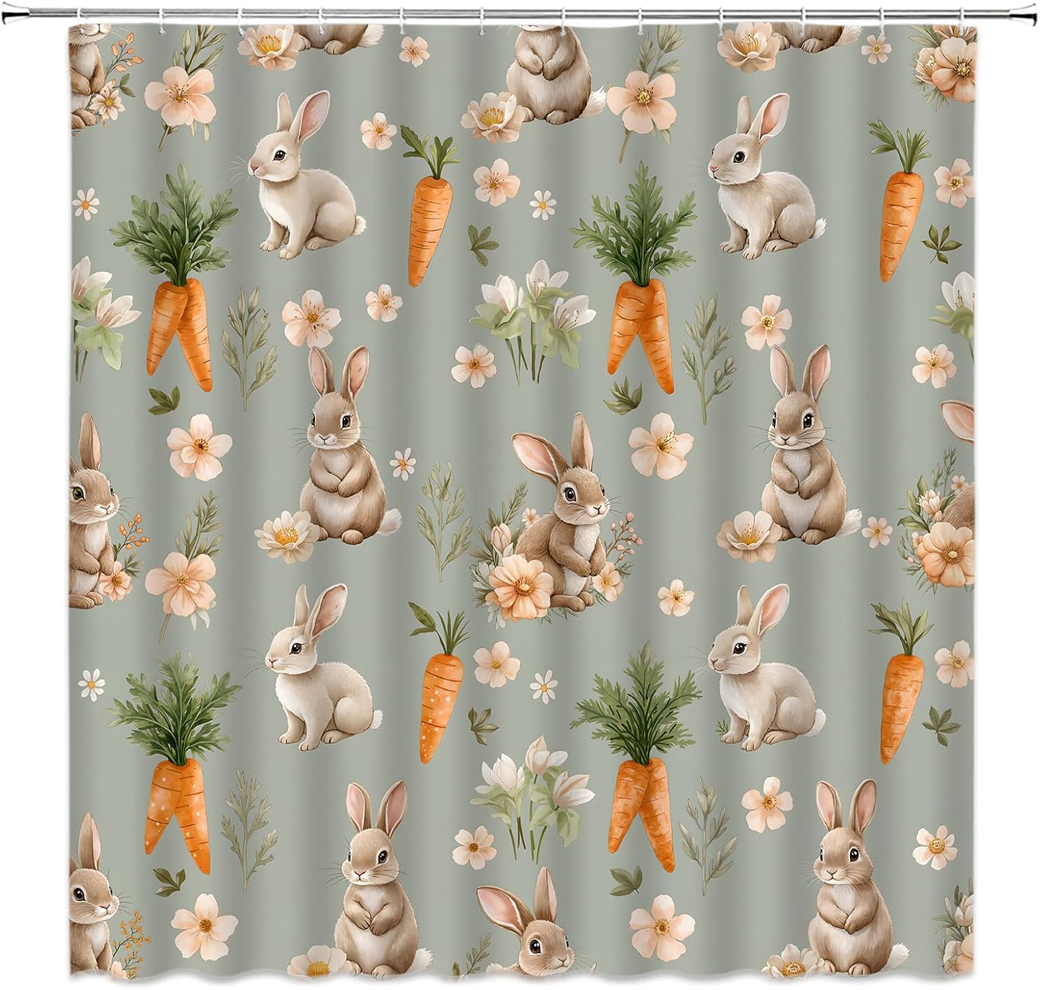 AMFD Easter Bunny Shower Curtain Spring Floral Cute Rabbit Carrots Yellow Bathroom Curtains Decor Fabric Set Include Hooks,(70" Wx84 H)