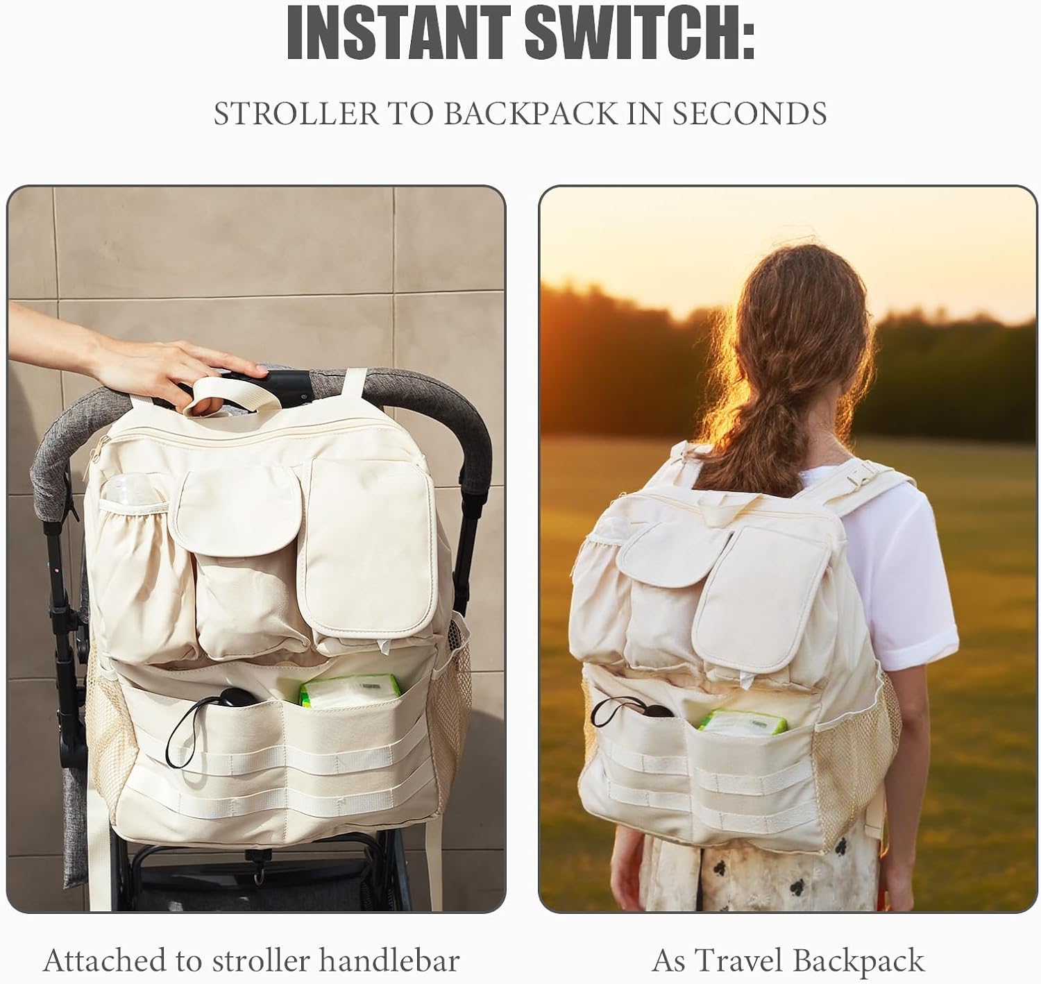 2-in-1 Stroller Organizer Baby Diaper Bag Backpack,Insulated Bottle Holder,Wipes and Phone Pocket,Shoulder Strap Toddler Travel Essential Storage Universal Stroller Accessory (Beige)