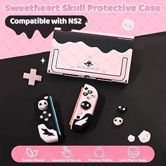 Geekshare Protective Case Set Compatible with switch 2, PC Back Plate with Silicone Joysticks Covers, Includes 2 Thumb Grips, Waterproof Protection - Sweetheart Skull (Black & Pink)