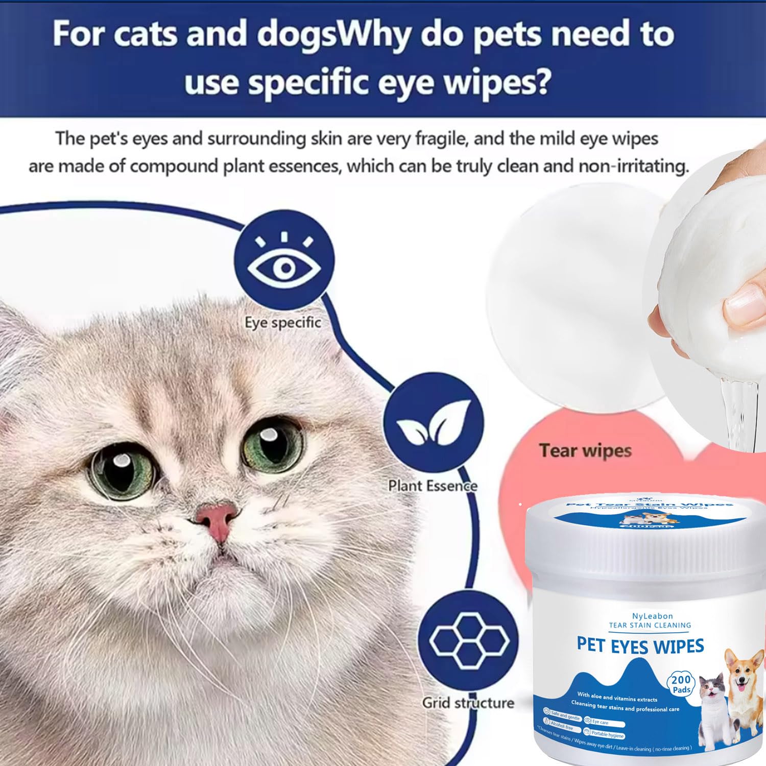 Eye Wipes for Dogs, 200 Pads Pet Tear Stain Cleaning Wipes for Eye Care of Dogs and Cats, Mild Ingredient, Gently Remove Pet Tear Stain, Eye Debris, Discharge, Mucus Secretions - Safe Ingredients — view 4