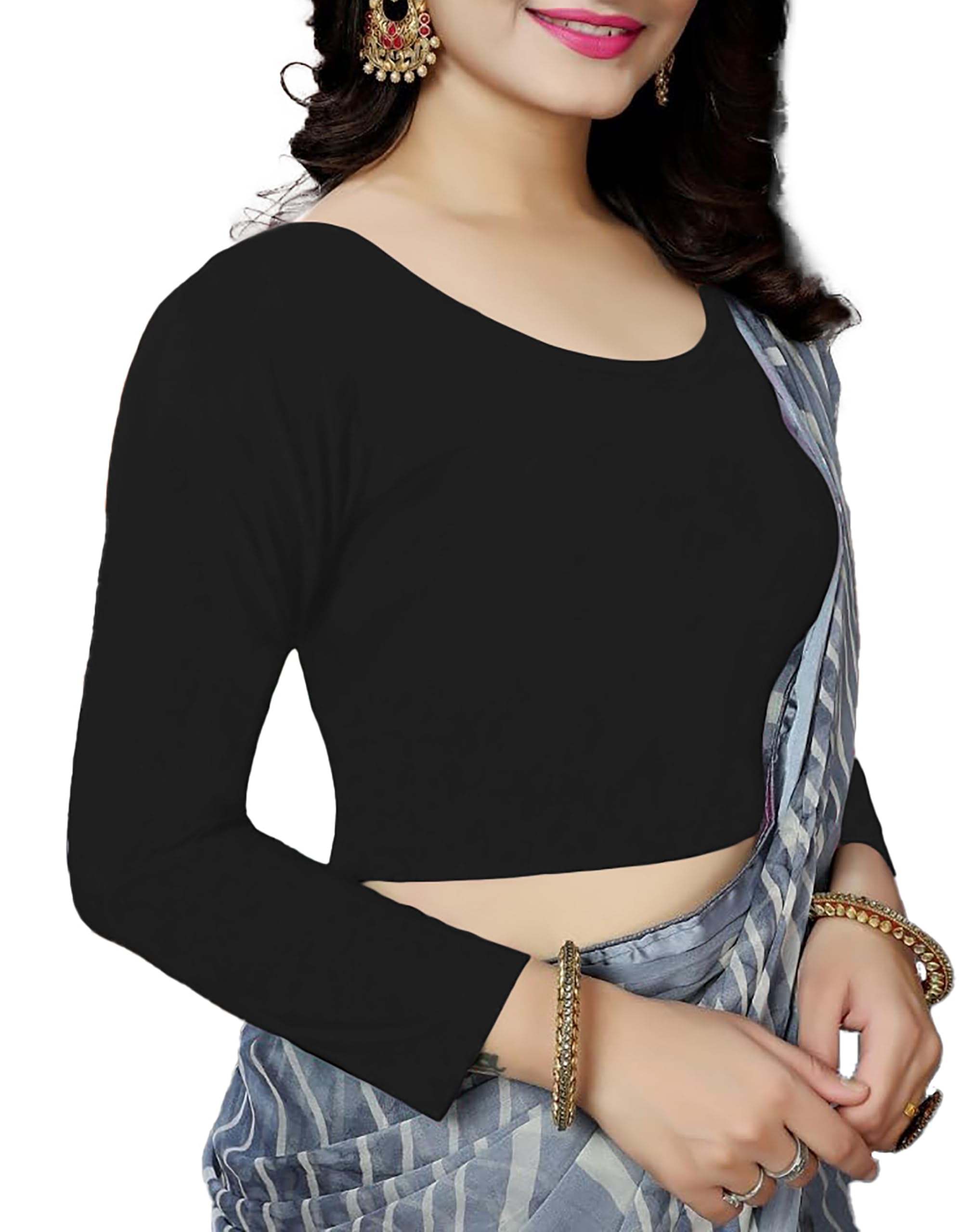 the blazze Women's Cotton Comfy Stretchable Scoop Neck Full | Long Sleeve Readymade Saree Choli Black Blouses for Women L685-picture-22