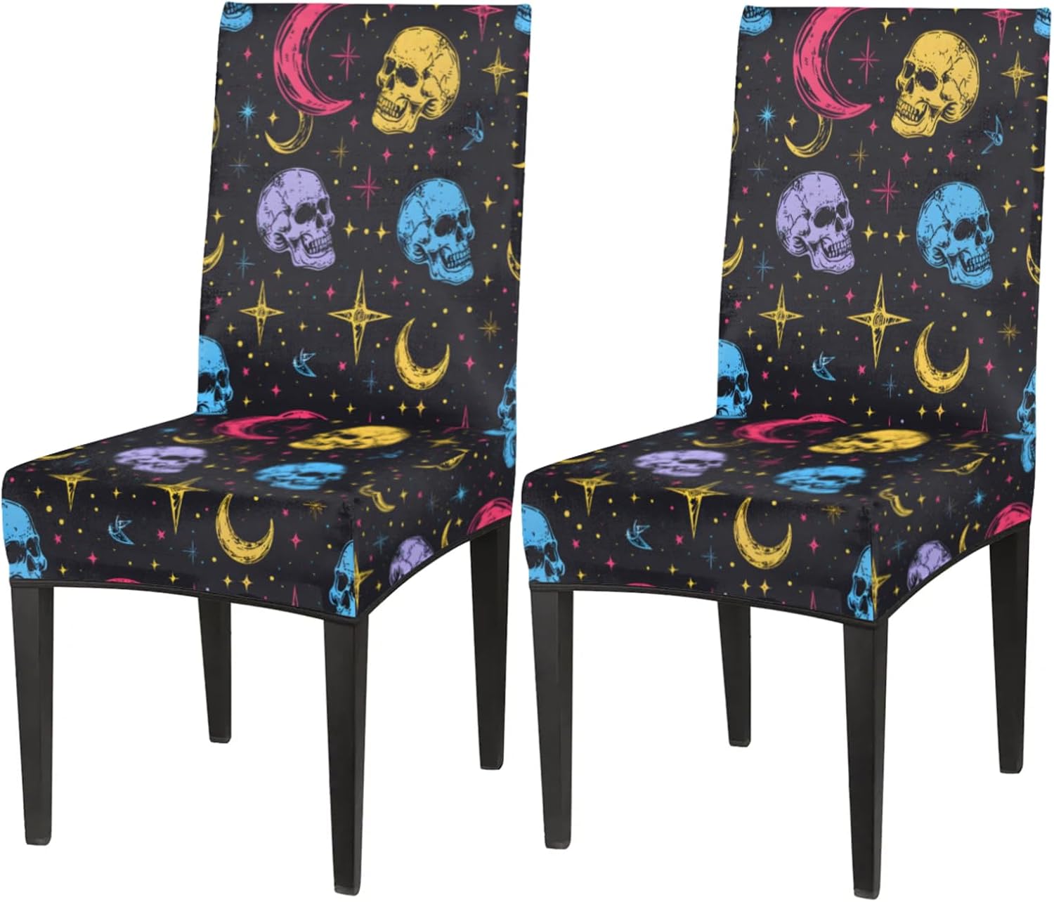 QsirBC Colorful Stars Moon Skulls Stretch Dining Room Chair Covers Set of 6 Chair Slipcovers Removable Washable Kitchen Seat Covers Chair Protectors for Hotel Party Wedding