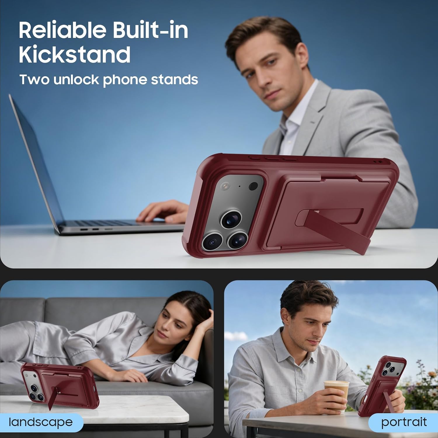 Compatible with iPhone 17 Pro Max Wallet Case with Card Holder (3-5 Cards) | Built-in Screen Protector | Hinge Kickstand | RFID Blocking | Phone Cover Case for Apple 17 ProMax, Wine Red