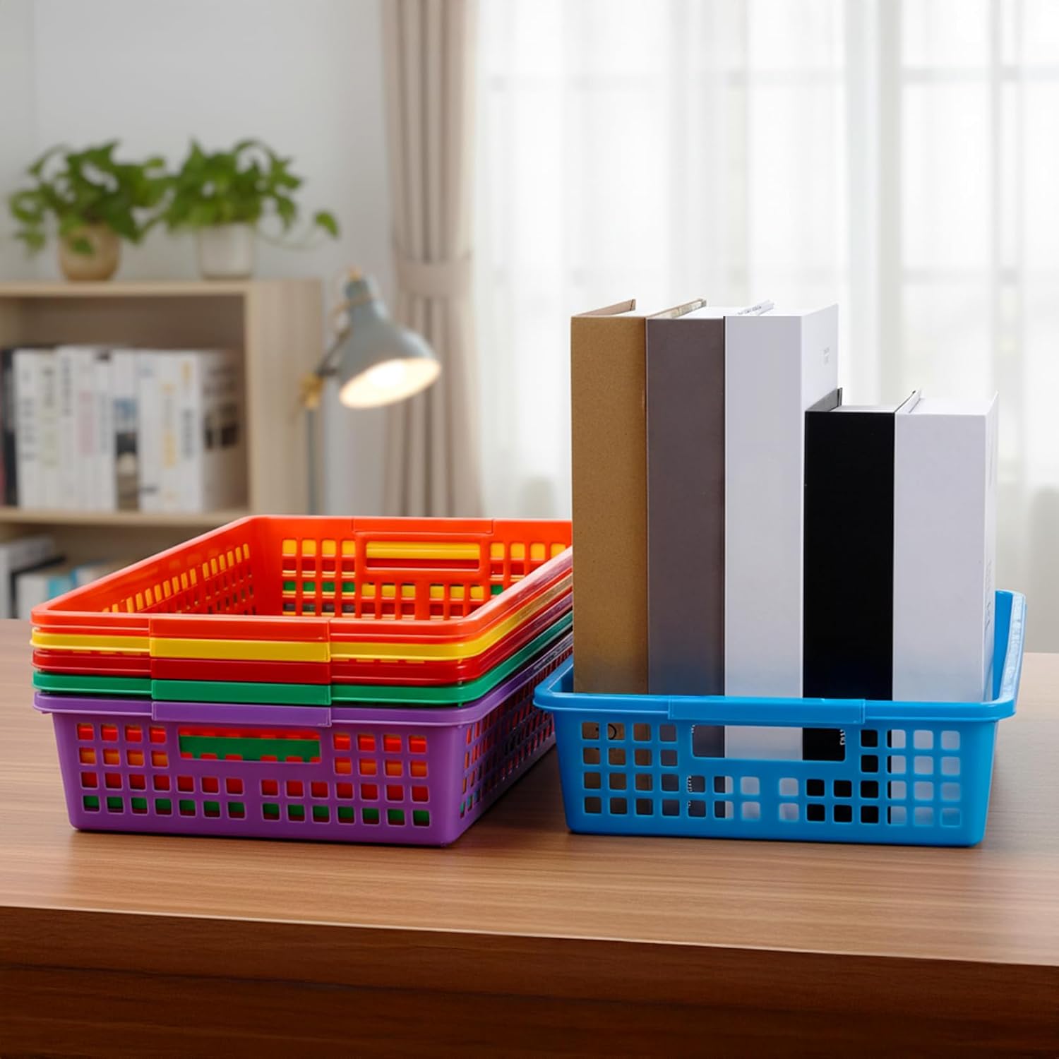 6 Pack Classroom Storage Baskets,Plastic Turn in Paper Trays with Handles,Colorful Storage Bin Basket Organizers,Turn in Trays for Library,School, Office, Home (13.58" L x 9.9" W x 3.14" H)
