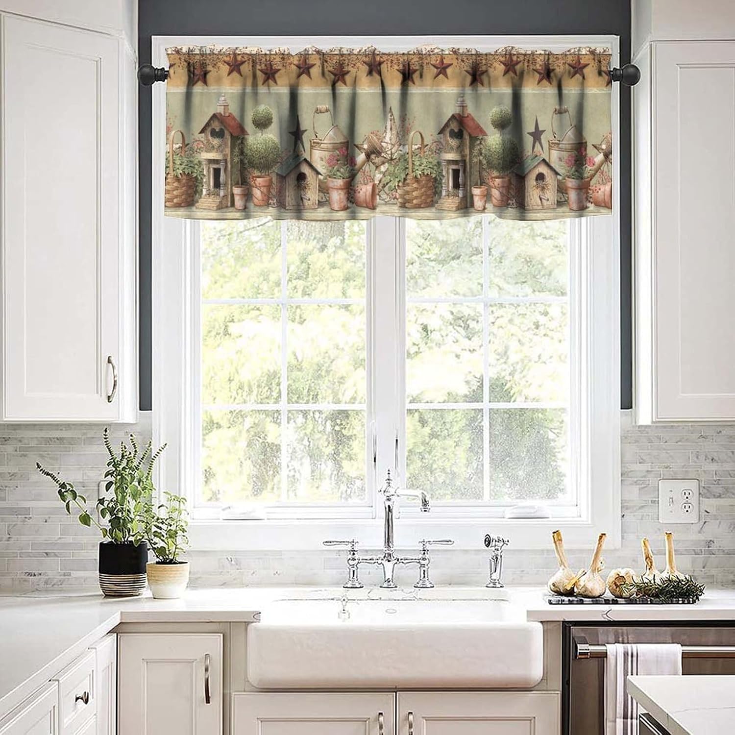 Vintage Farm Kitchen Valance,Retro Wooden Country Farmhouse Stars Short Drape for Bedroom Living Restaurant Window Treatment 1 Panel 54" W x 18" L Inch