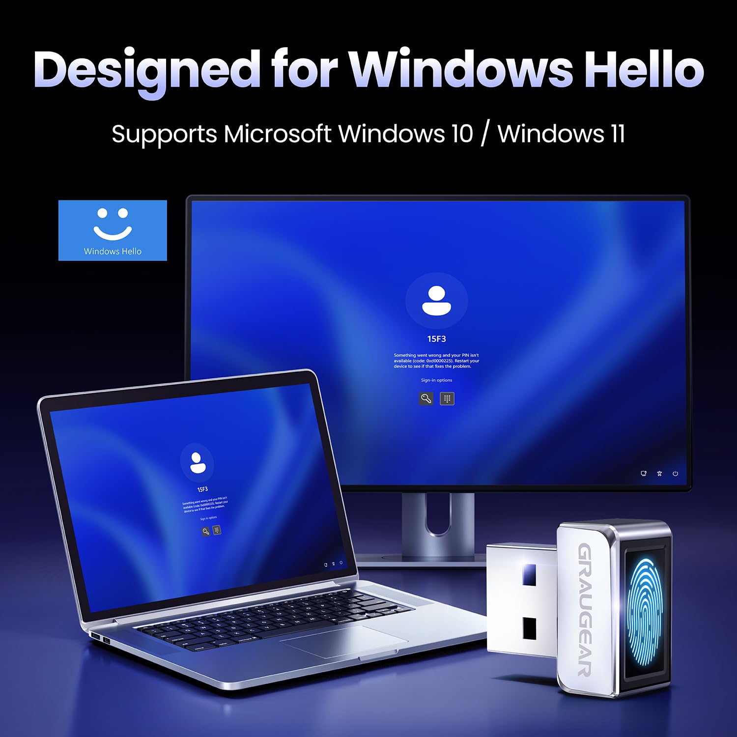 GRAUGEAR Capteur d'empreintes digitales USB pour PC [Keylogger] Fingerprint USB Passkey | Serrure biométrique tactile à 360° pour PC, prend en charge Windows 11 Hello, jusqu'à 10 empreintes par compte utilisateur