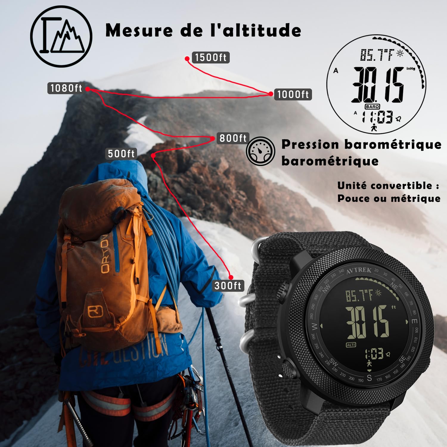 AVTREK Reloj para Hombres,con altímetro, barómetro y brújula Digital | Reloj táctico de Supervivencia para Hombres, Ideal para Actividades al Aire Libre como Senderismo, natación y ejército