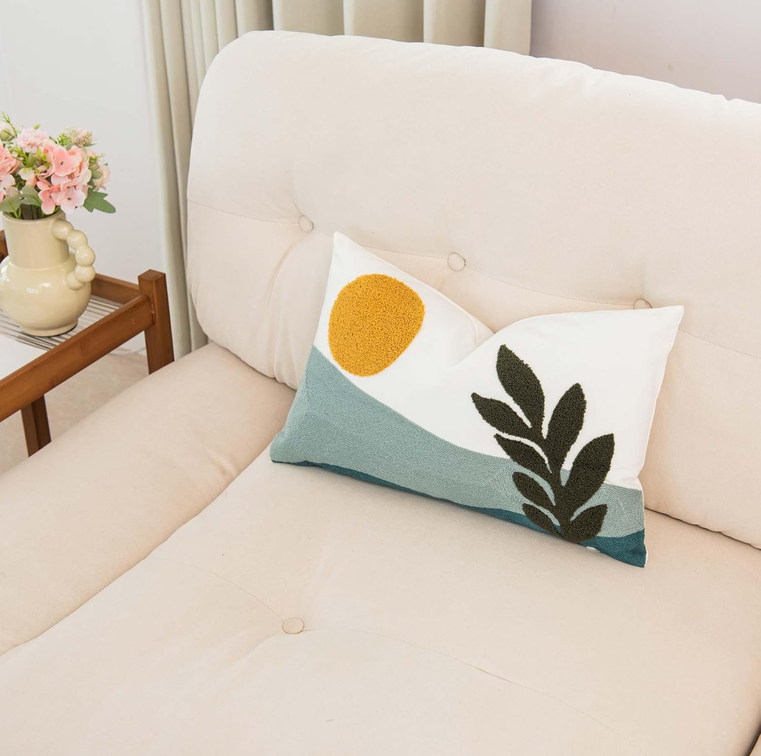 Embroidered Bohemian Style Leaves and Sun Decorative Throw Pillow Cover, Lumbar Boho Sun Pillow Cover 12 Inches x 20 Inches Cover Only - Image 3