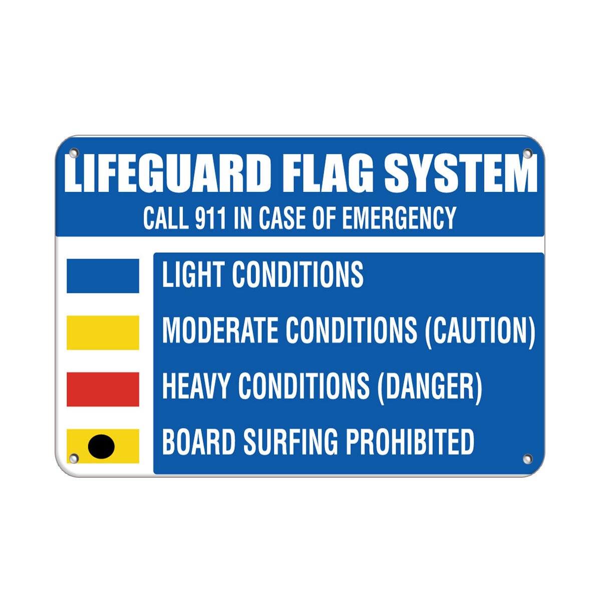 Aluminum Horizontal Metal Sign Multiple Sizes Lifeguard Flag System Prohibited Board Surfing Call 911 Blue Pool Rules All Over Weatherproof Street Signage 24x18Inches