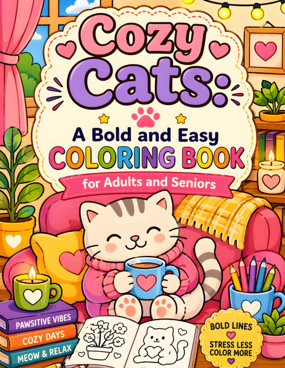 Cozy Cats: A Bold and Easy Coloring Book for Adults and Seniors: 40 Cute, Simple and Relaxing Cat Scenes for Stress Relief, Fun and Creative Comfort