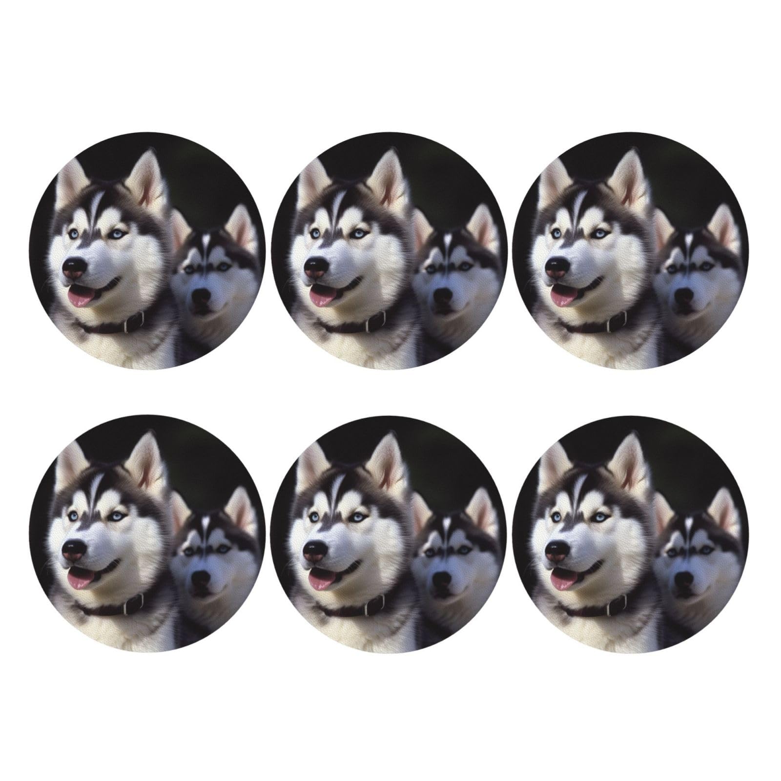 6pcs Leather Coasters for Drinks, Husky Dog Drink Coasters for Tabletop Protection, 4" Cup Coasters for Coffee Table Decor, Non-Slip Drinking Cup Mat for Hot Or Cold Drink