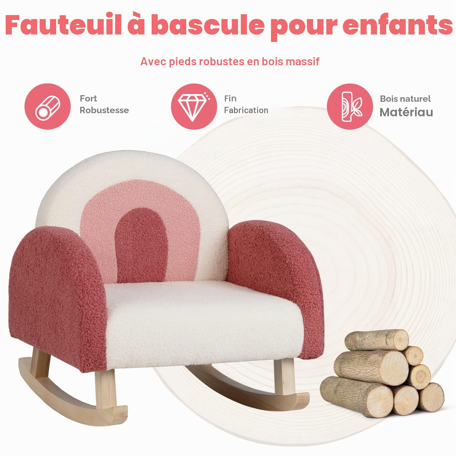 LIFEZEAL Fauteuil à Bascule pour Enfant, Chaise Bascule pour Enfants 3-5 Ans avec Assise Pieds en Bois de Peuplier, Canapé rembourré Design Anti-Renversement pour crèche, Salle de Jeux (Rouge)