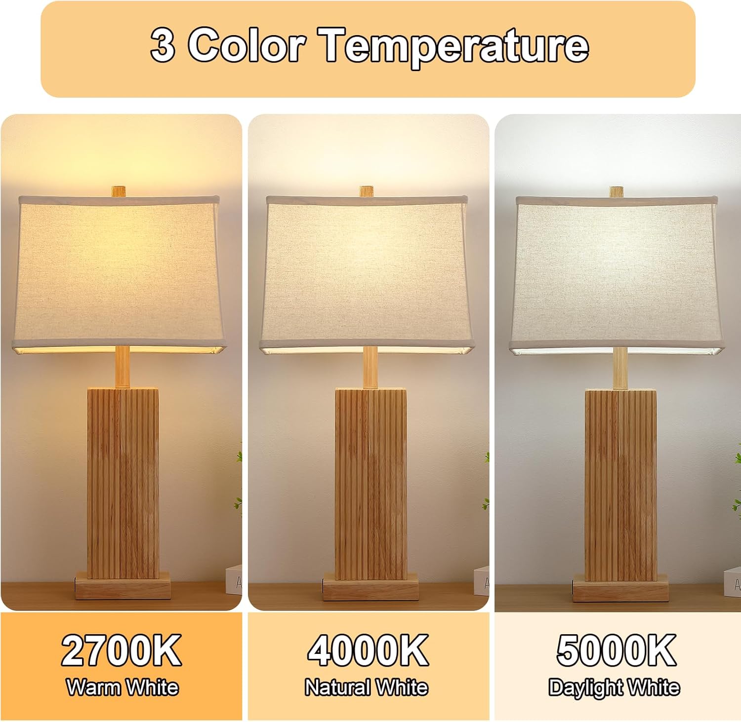 27.5" Wood Table Lamps Set of 2, Modern Farmhouse Bedroom Lamp for Nightstand with USB Charging Port, Natural Wooden Base Table Lamp for Living Room Bedroom, Bulbs Included (Natural Wood)