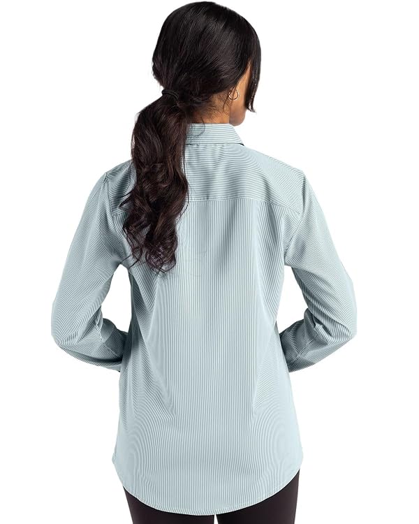Cutter & Buck Skyline Epic Confidence Recycled Pinstripe Womens Long Sleeve Dress Shirt, Hunter/White by Cutter & Buck - Used condition - Image 2