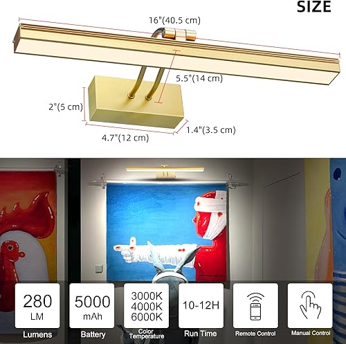 Miniatura 7 de LEEQVHOOLL Luz de imagen, luz de pared de batería de 16 pulgadas, luz de visualización 3CCT, luces de arte de metal para pinturas, temporizador