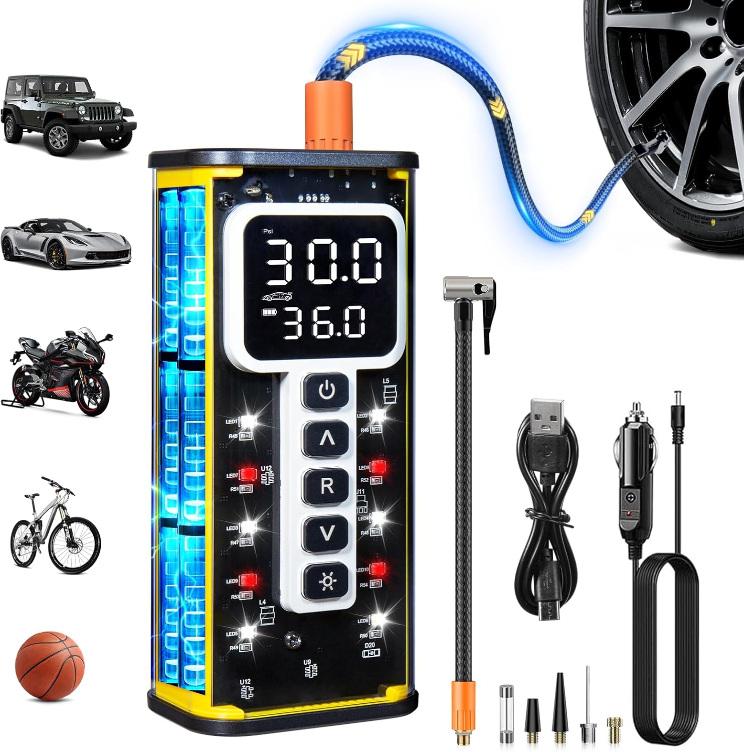 Tire Inflator Portable Air Compressor, Upgraded 150 PSI Air Compressor for Car Tires, Auto Shut-Off Fast Inflation Tire Pump with Pressure Gauge & LED Light for Car, Bike, Motorcycle, Ball