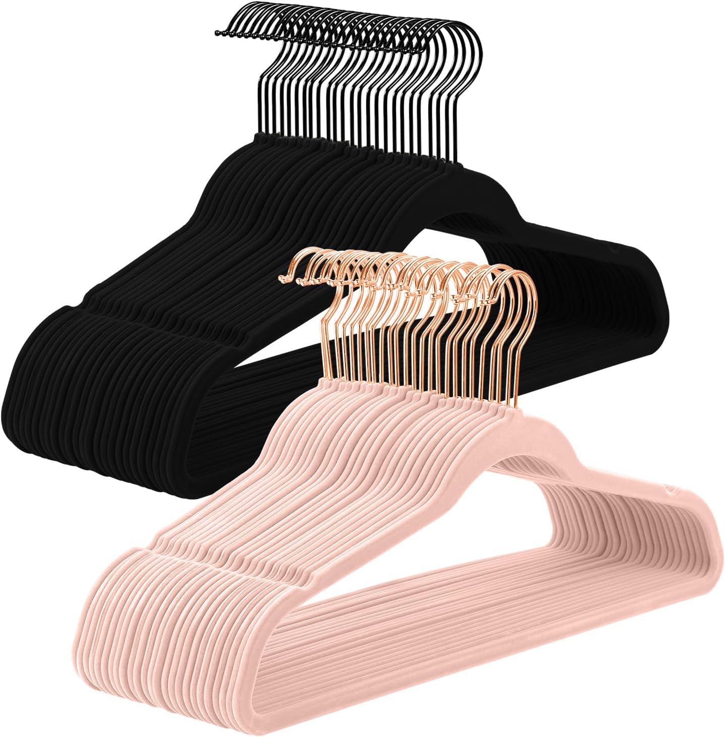 MIZGI Premium 50PC Velvet Suit Hangers Bundle with 50PC Velvet Suit Hangers, Black/Rose Gold Hooks, Space-Saving Closet Organizers for Pants, Skirts, Dresses, Jackets, Coats, Sweaters, Black and Pink