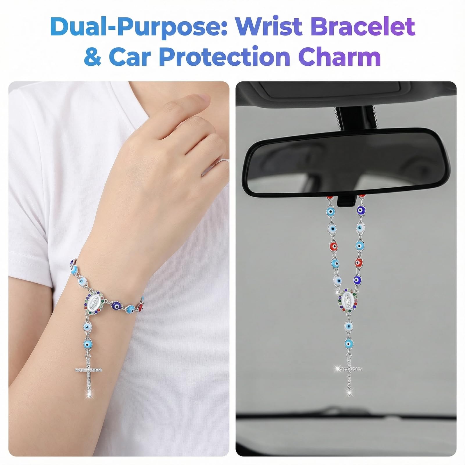 Car Rosary for Rearview Mirror Silver Evil Eye Rearview Mirror Auto Rosary Beads Car Medal and Cross Hanging — view 4