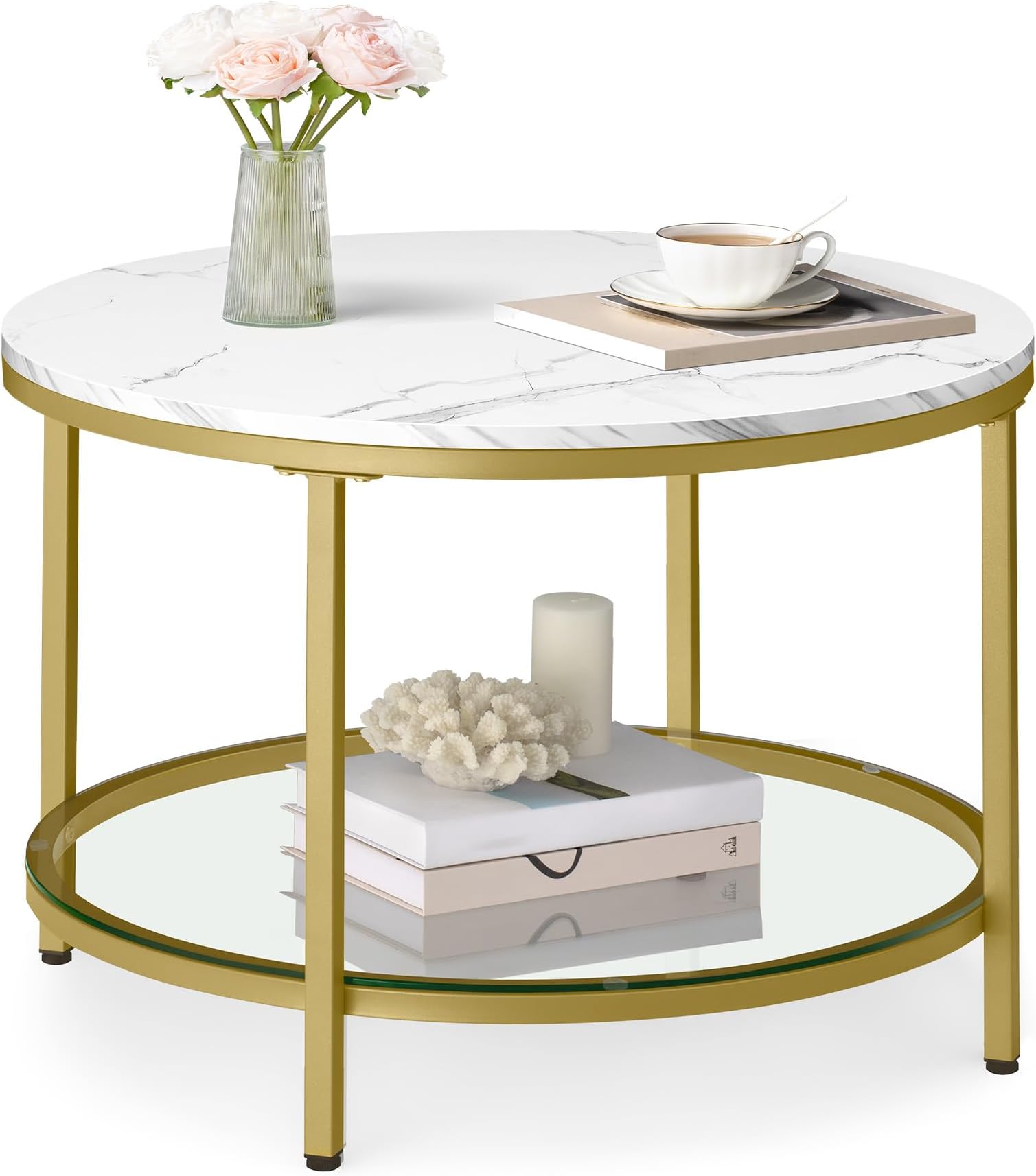 Round Coffee Table, 2-Tier Small Coffee Table with Faux Marble Top and Glass Shelf, Modern Style, for Living Room, 25.6 x 25.6 x 18.1 Inches, Marble White and Pale Gold ULCT072W59