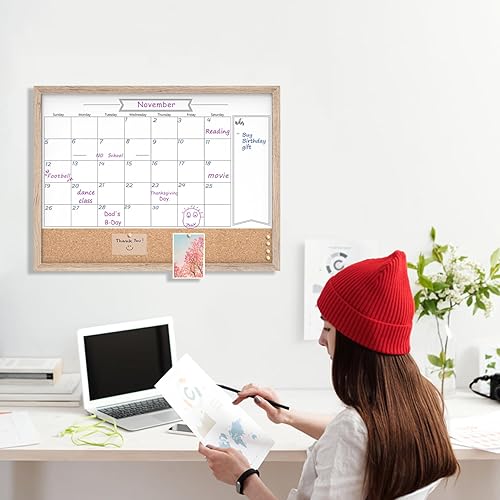 Miniatura 5 de Pizarra blanca con calendario y corcho, 18 x 24 pulgadas, pizarra blanca de borrado en seco y tablón de anuncios, calendario de marco marrón