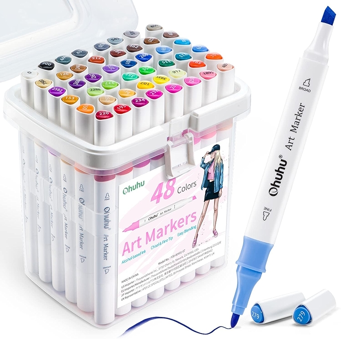 48色Ohuhu酒精马克笔成人涂色书专用双头艺术马克笔